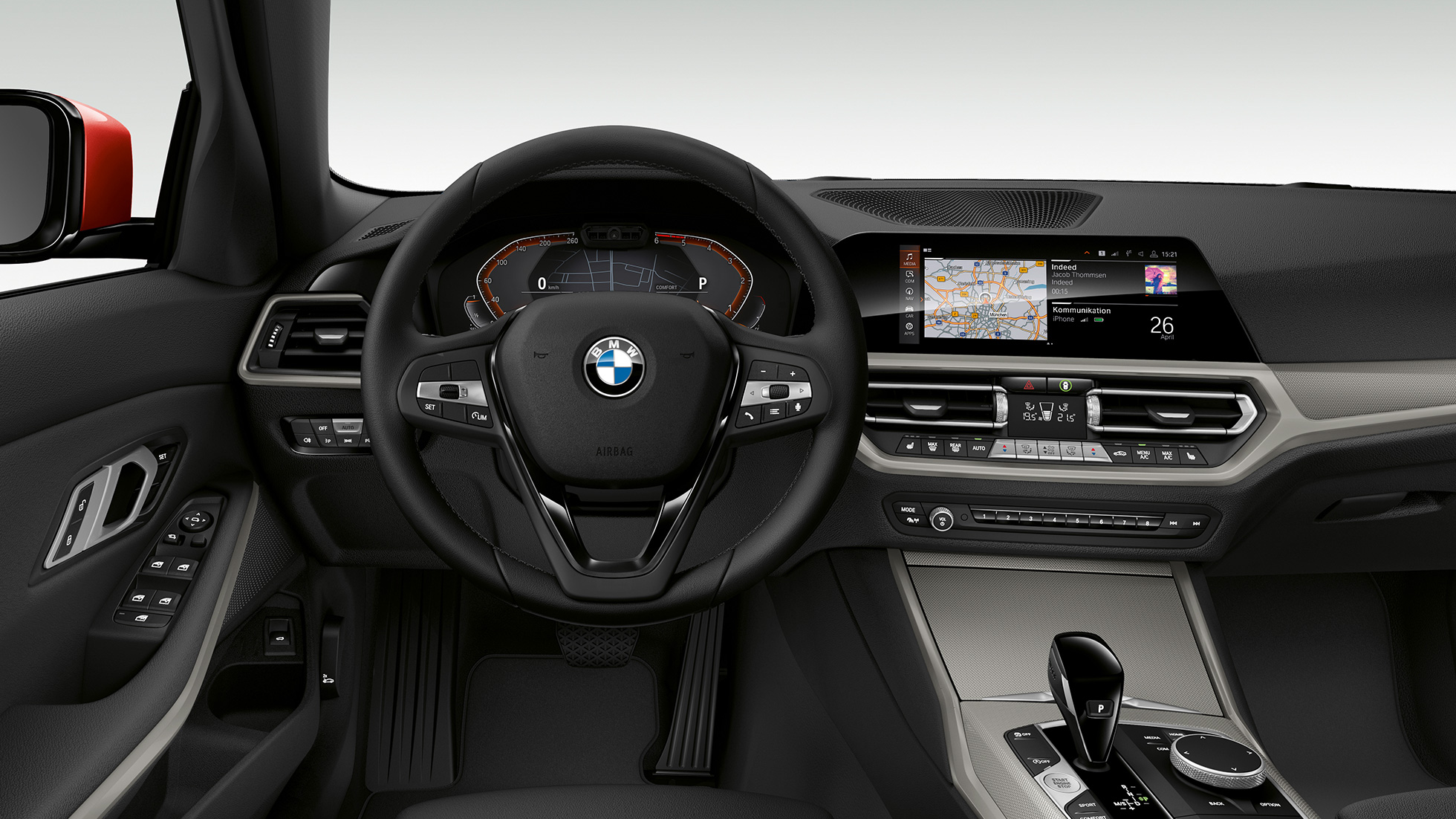 BMW 3 Series Sedan, Model Advantage Cockpit. Frontal close-up of the driver's cockpit of the BMW 3 Series Sedan with model Advantage features.