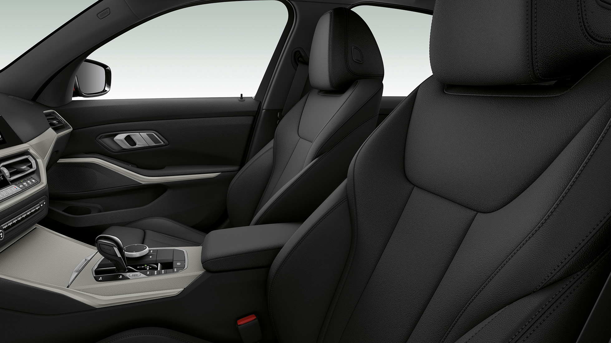BMW 3 Series Sedan, Model Advantage front seats. Side close-up of the front seats of the BMW 3 Series Sedan with model Advantage features.