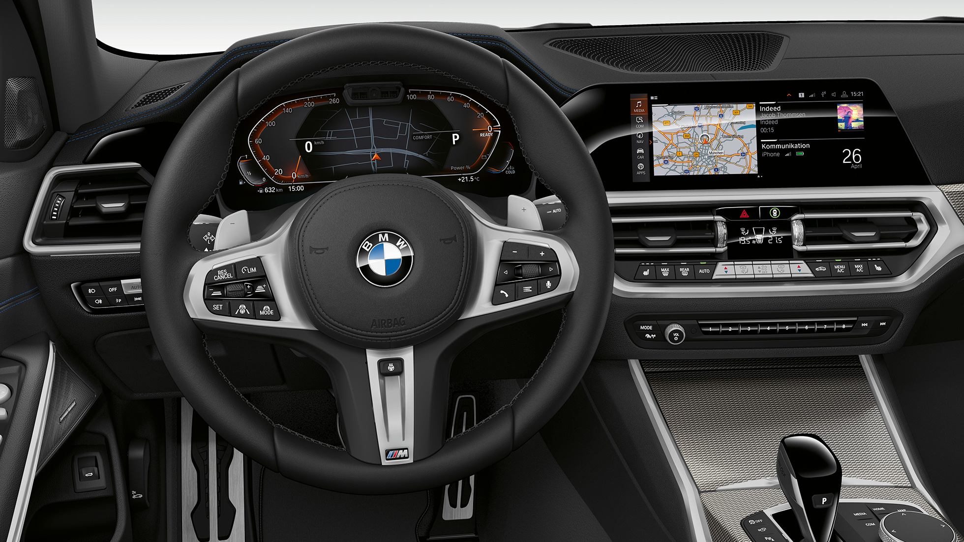 BMW 3 Series Sedan, Model Sport Line Cockpit. Frontal close-up of the driver's cockpit of the BMW 3 Series Sedan with Model Sport Line features.