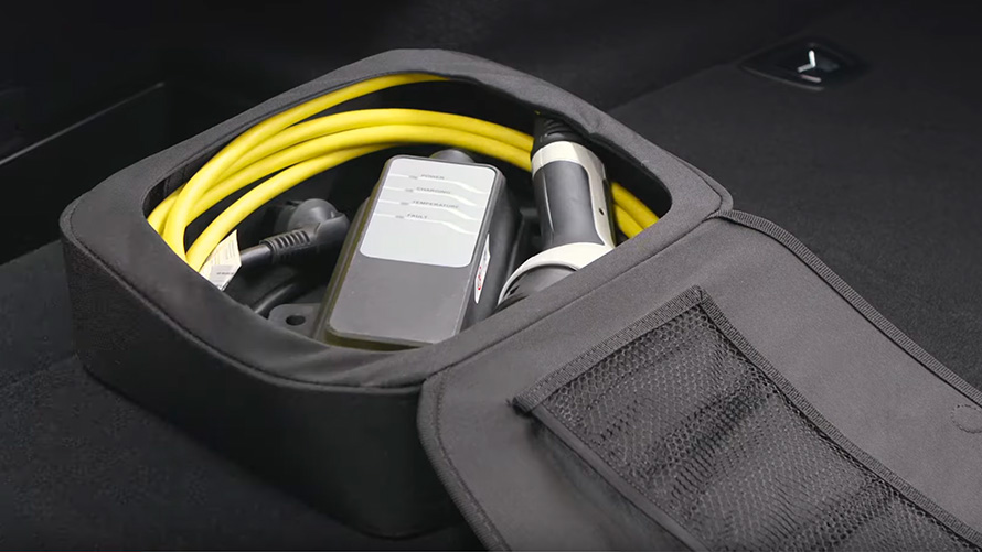 BMW plug-in hybrid charging accessories in bag BMW plug-in hybrid charging accessories in bag close-up