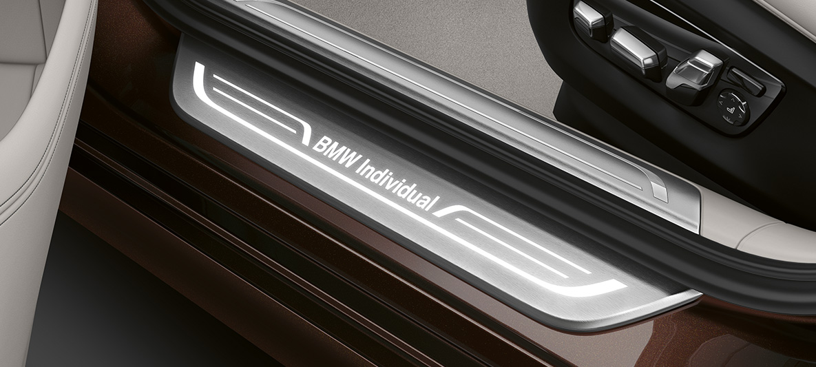 BMW 7 Series Sedan G11 G12 BMW Individual entry sill BMW 7 Series Sedan G11 G12 entry sill with BMW Individual lettering illuminated