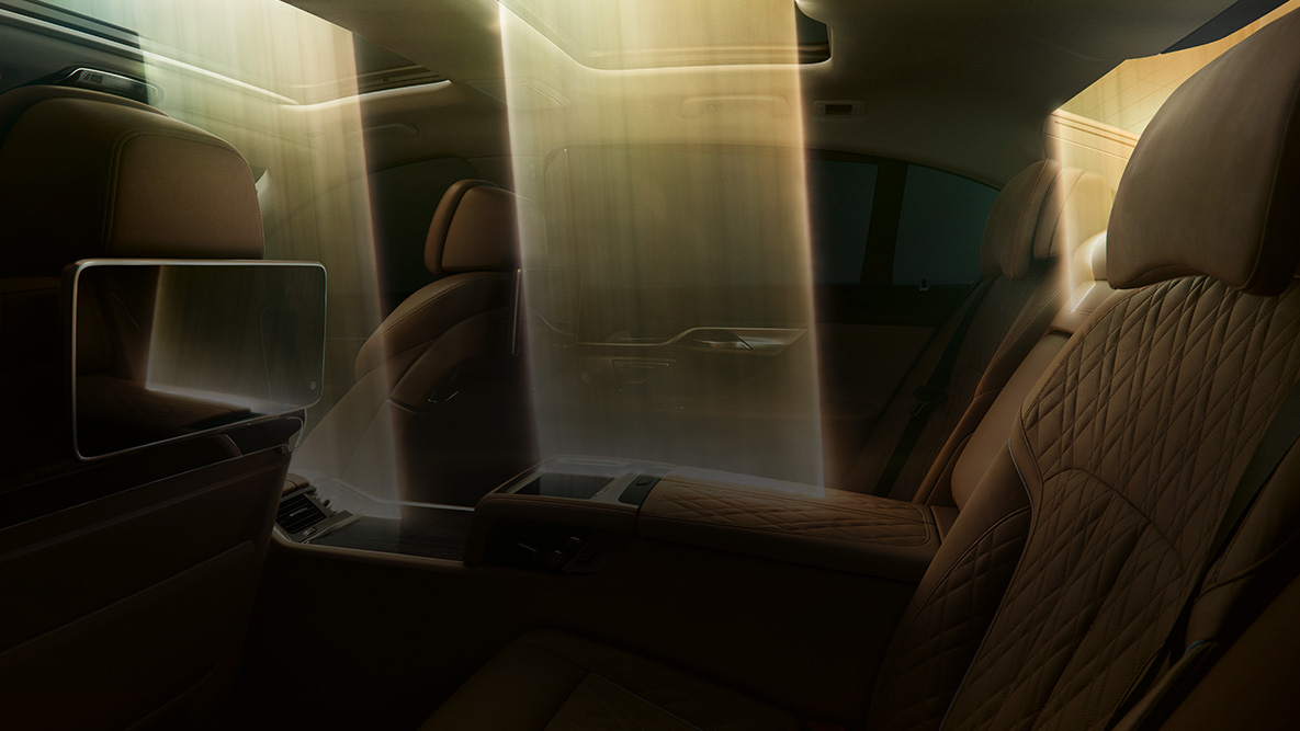 BMW 7 Series Sedan G11 G12 2019 interior BMW 7 Series Sedan G11 G12 2019 Bernina Grey Amber Effect interior, light incidence Panorama glass roof
