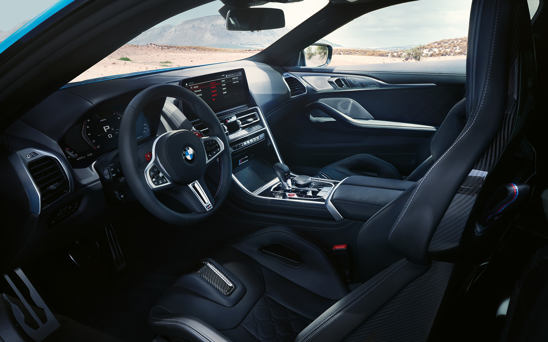 M Carbon bucket seats M leather steering wheel the BMW M8 Competition Coupé F92 LCI 2022 The BMW M8 Competition Coupé F92 LCI Facelift 2022 Cockpit Interior M leather steering wheel M Carbon bucket seats