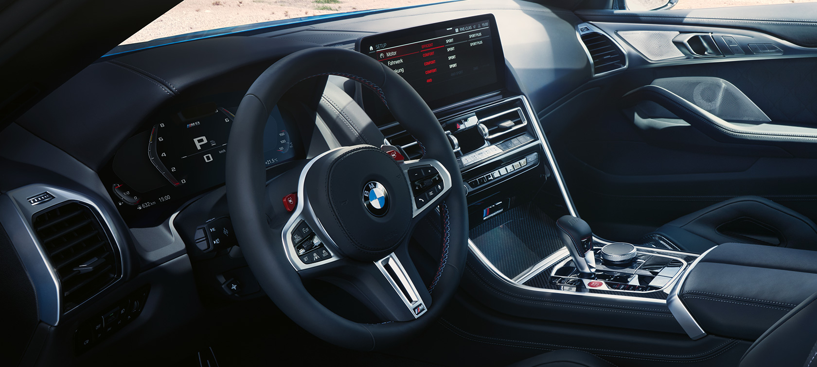 M leather steering wheel the BMW M8 Competition Coupé F92 LCI Facelift 2022 cockpit The BMW M8 Competition Coupé F92 LCI Facelift 2022 cockpit Control Display M leather steering wheel