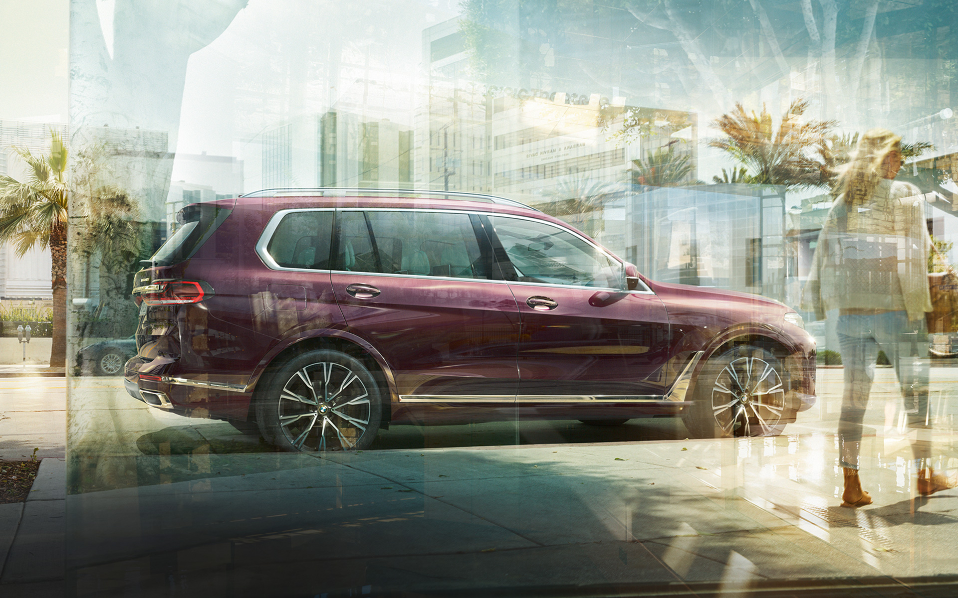 BMW X7 Individual xDrive40i G07 2018 ametrin metallic side view parking in a city BMW X7 Individual xDrive40i G07 2018 ametrin metallic side view parking in a city