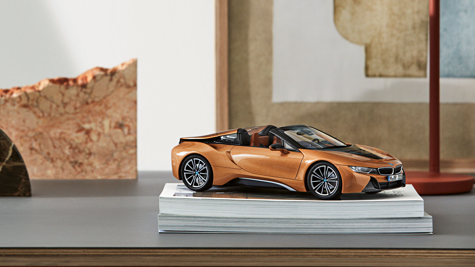 BMW Miniatures. The picture shows a miniature BMW i8 Roadster.