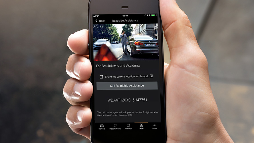 A smartphone showing the BMW Road Side Assistance via Connected App A smartphone showing the BMW Road Side Assistance via Connected App