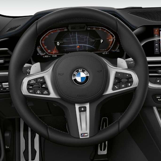 BMW 3 Series Sedan, Model Sport Line Cockpit. Frontal close-up of the driver's cockpit of the BMW 3 Series Sedan with Model Sport Line features.